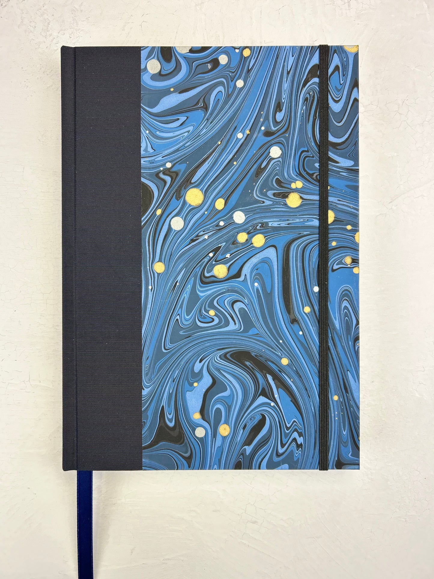 A5 160-page Hardcover Journal finished in Black Japanese book cloth and Renato Crepaldi hand marbled decorative paper