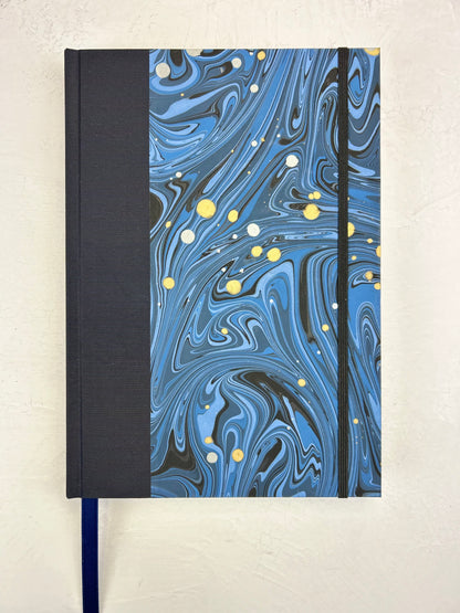 A5 160-page Hardcover Journal finished in Black Japanese book cloth and Renato Crepaldi hand marbled decorative paper