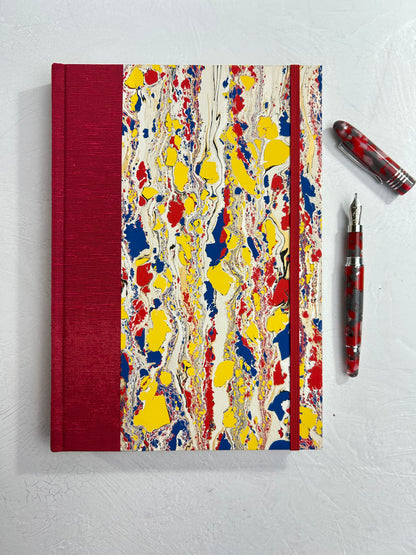 B5 192-page Hardcover Journal finished in Cardinal Red Japanese book cloth and Italian hand-marbled paper by Renato Crepaldi