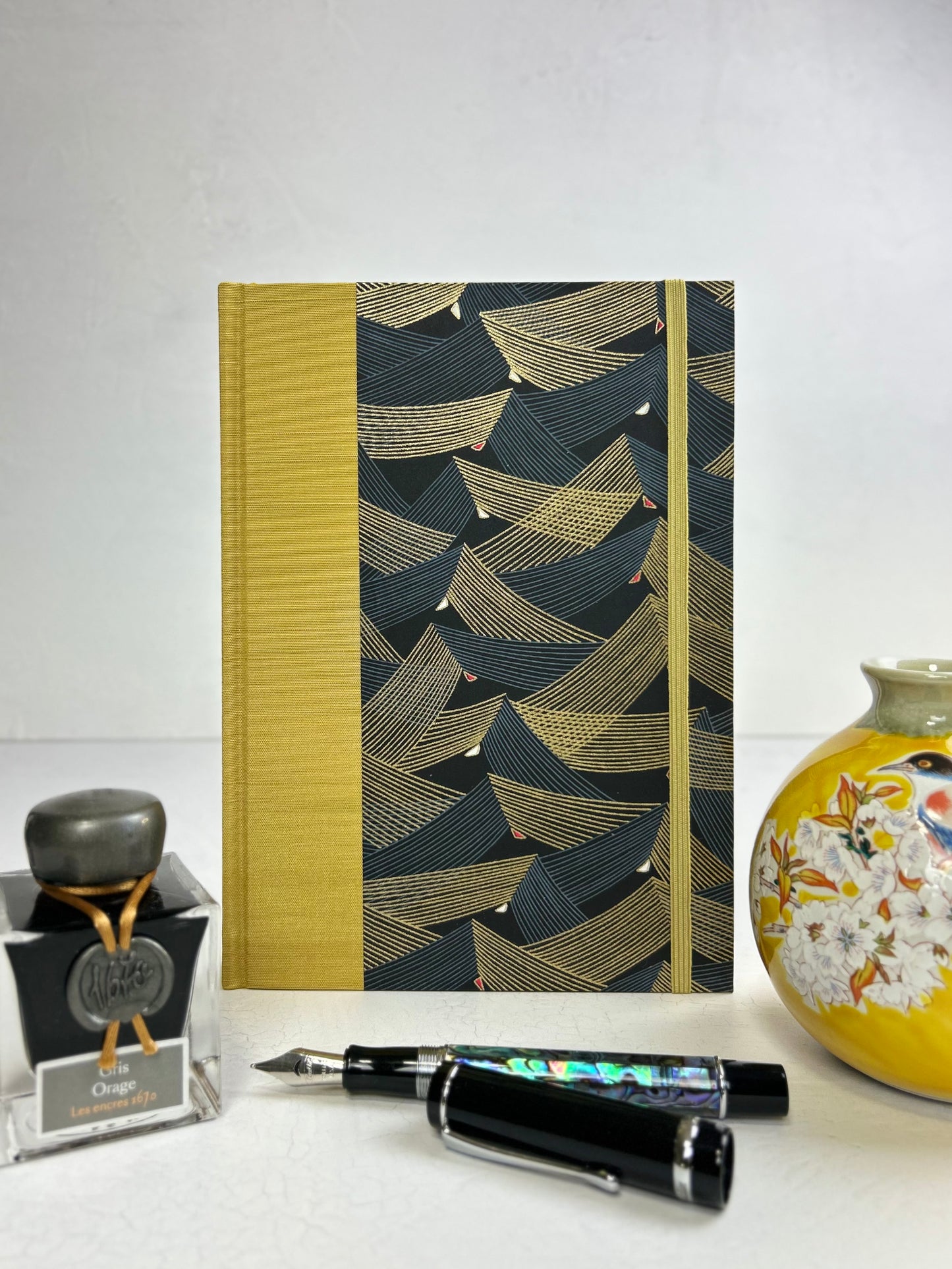 A5 160-page Hardcover Journal finished in Yellow Gold Japanese book cloth and Golden Peaks Chiyogami Decorative Paper