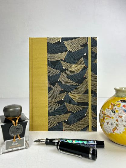 A5 160-page Hardcover Journal finished in Yellow Gold Japanese book cloth and Golden Peaks Chiyogami Decorative Paper