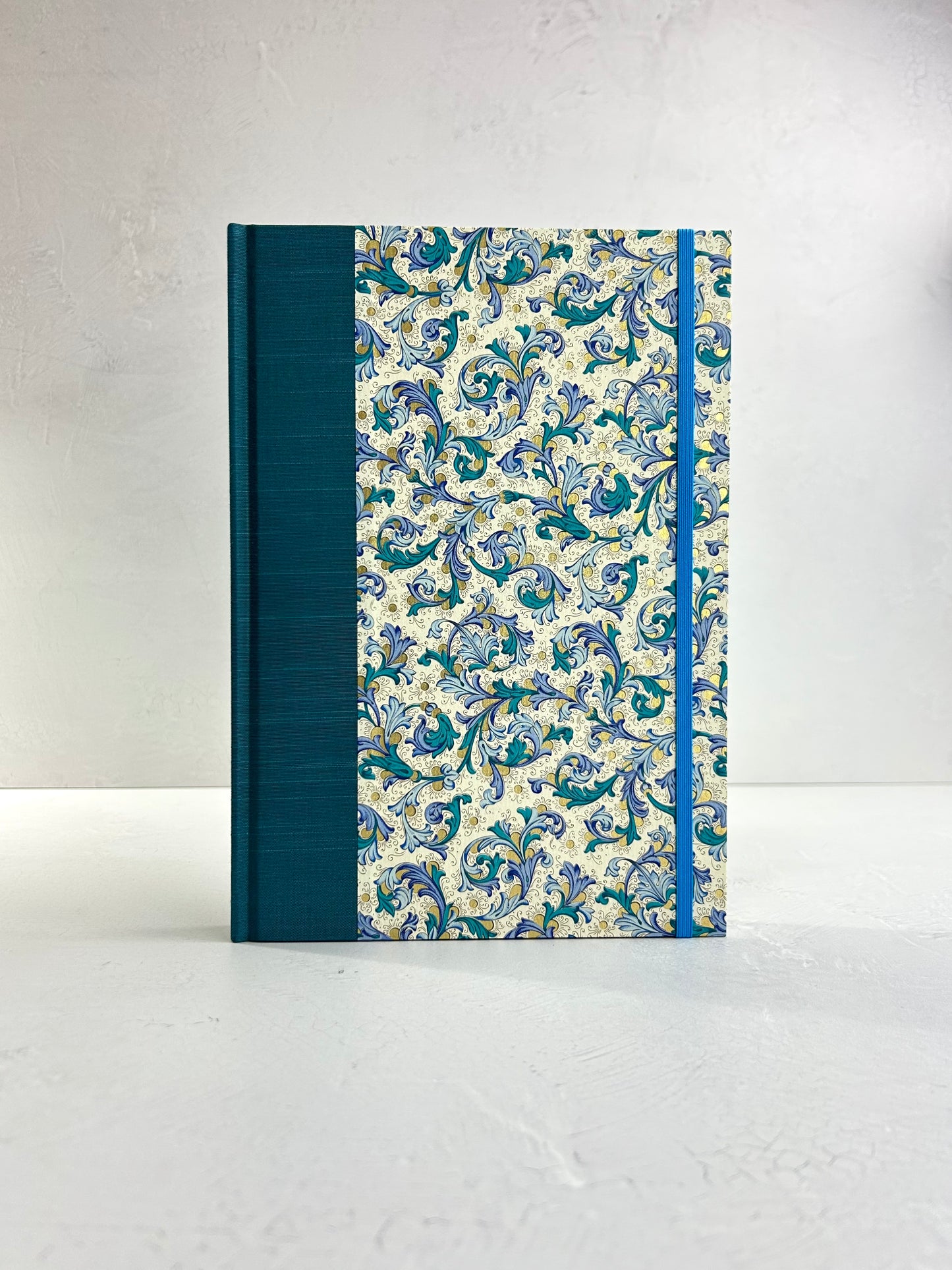B5 192-page Hardcover Journal finished in in Marine Blue Japanese book cloth and blue paisley Florentine Italian print