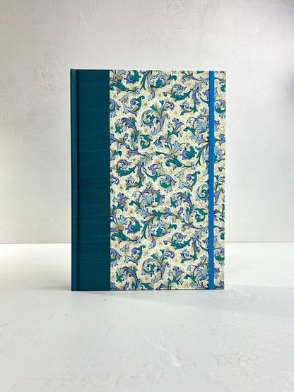 B5 192-page Hardcover Journal finished in in Marine Blue Japanese book cloth and blue paisley Florentine Italian print