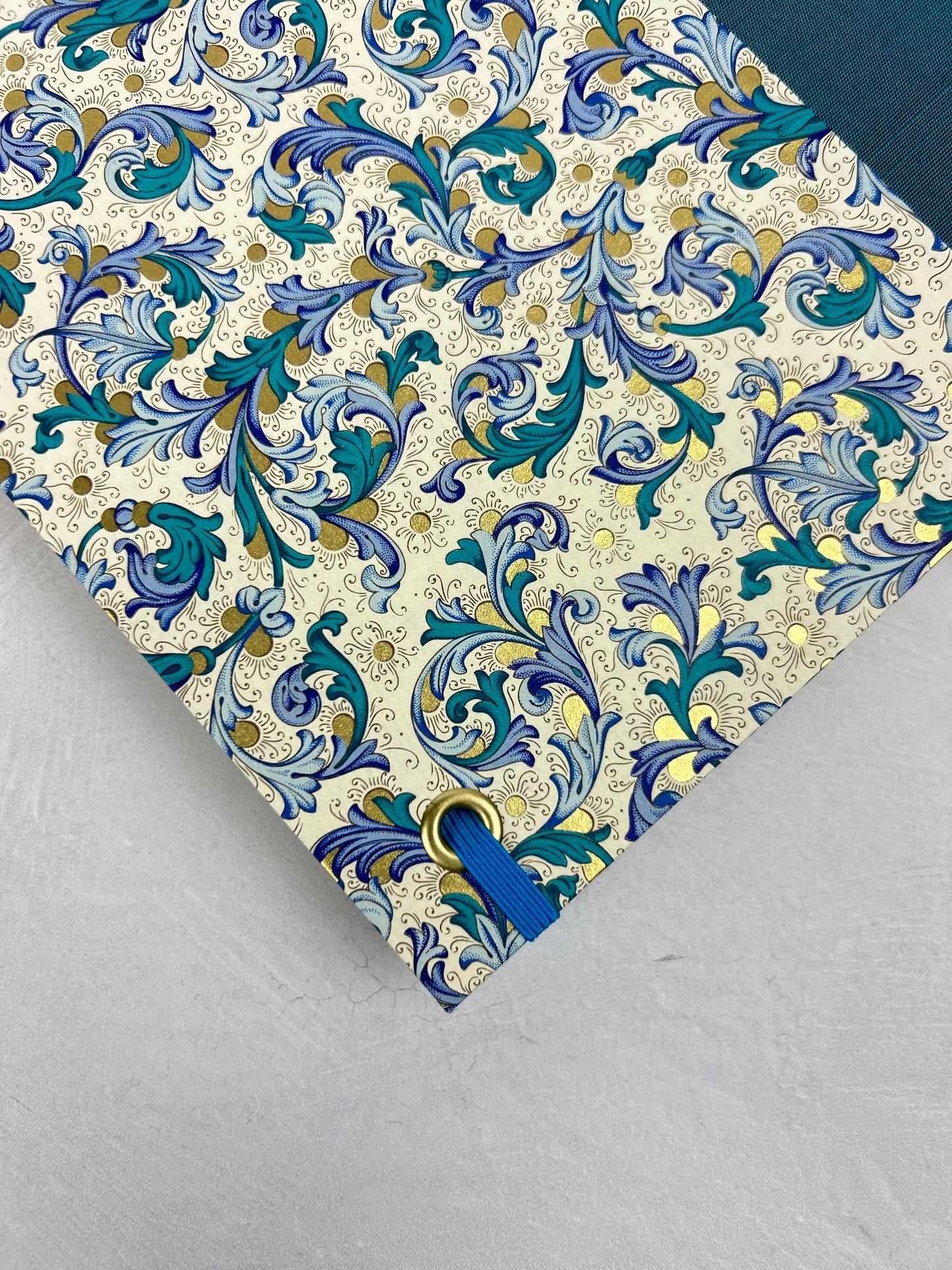 A5 160-page Hardcover Journal finished in Marine Blue Japanese book cloth and blue paisley Florentine Italian print