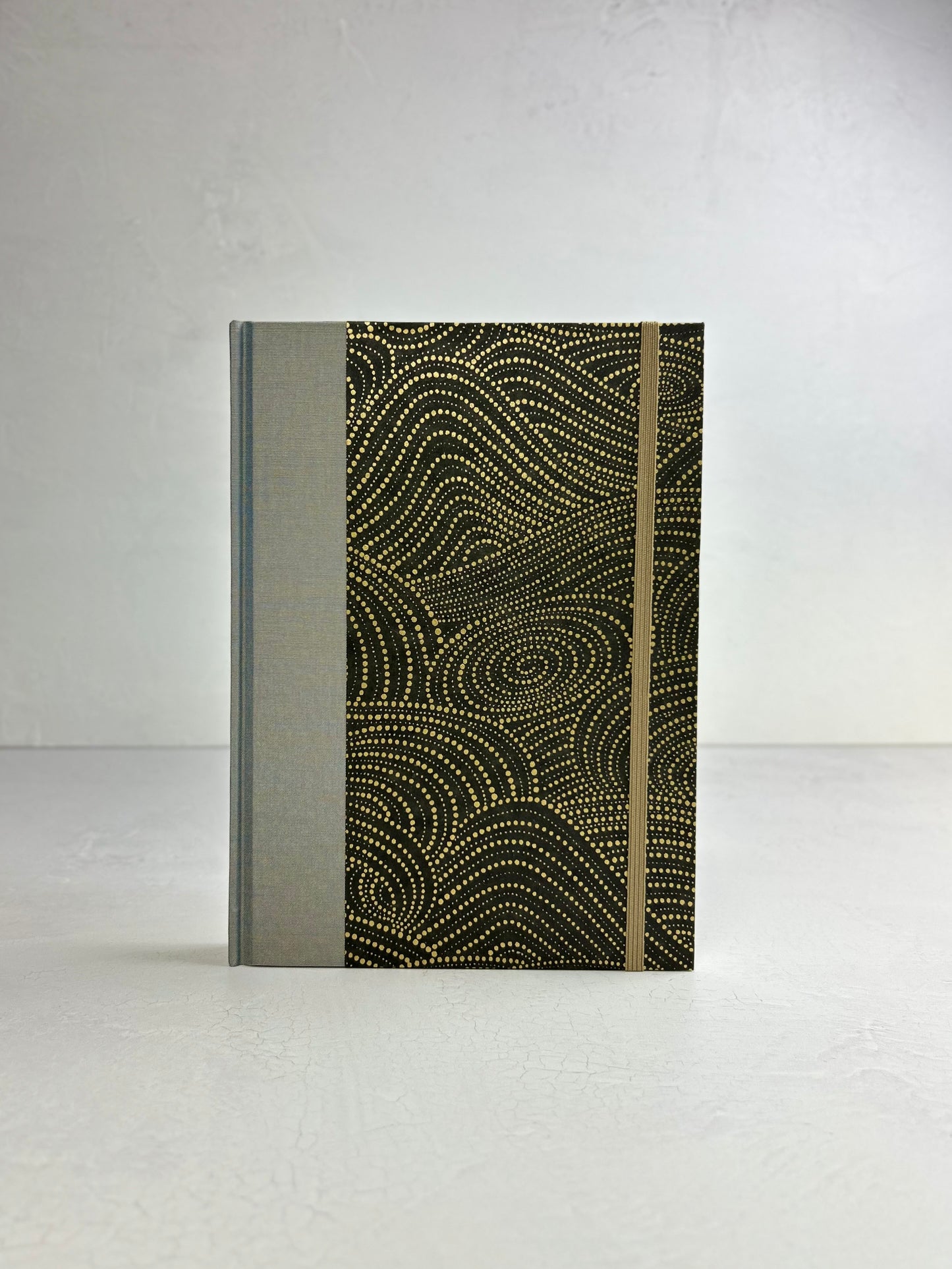 A5 160-page Hardcover Journal finished in Blue Gold Japanese book cloth and Gold on Bronze Chiyogami Decorative Paper