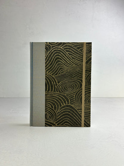 A5 160-page Hardcover Journal finished in Blue Gold Japanese book cloth and Gold on Bronze Chiyogami Decorative Paper