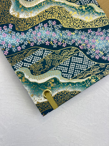 A5 160-page Hardcover Journal finished in Soft Gold Japanese book cloth and Floral Chiyogami Paper