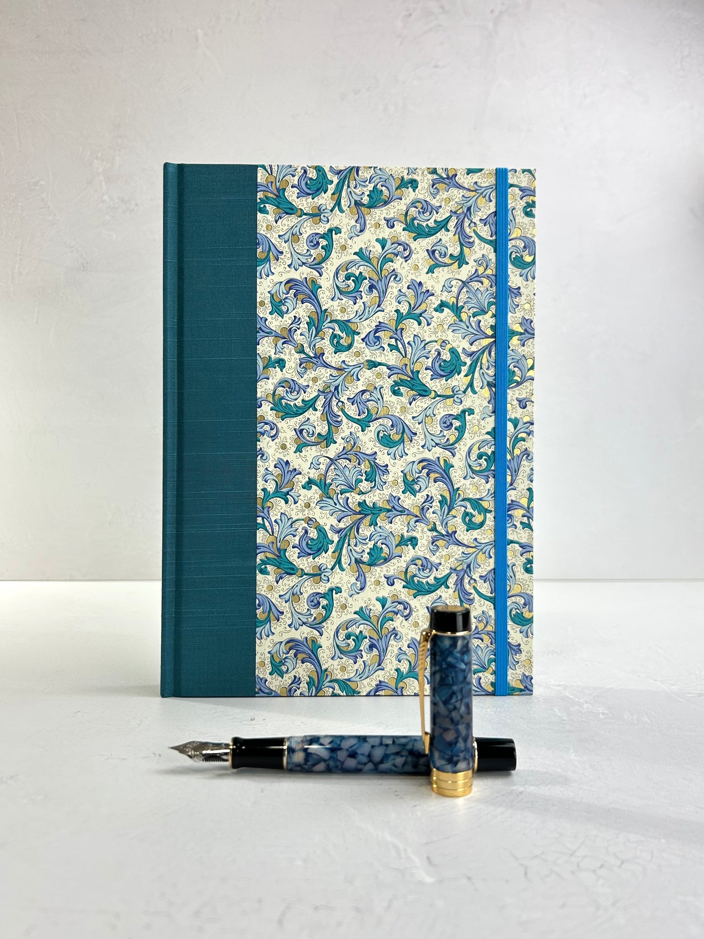 B5 192-page Hardcover Journal finished in in Marine Blue Japanese book cloth and blue paisley Florentine Italian print