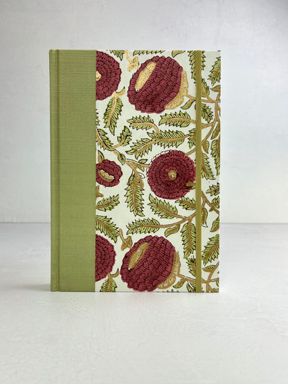 B5 192-page Hardcover Journal finished in Celery Japanese book cloth and Red Floral Chiyogami Paper