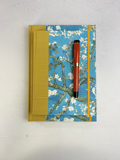 B5 Hardcover Notebook finished in Yellow Gold Japanese book cloth and Vincent Van Gogh Almond Blossoms