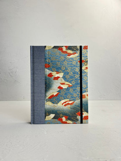 A5 160-page Hardcover Journal finished in Steel Blue Japanese book cloth and vintage Chiyogami Paper
