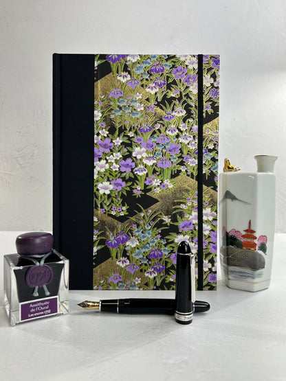 B5 192-page Hardcover Journal finished in black Japanese book cloth and purple wild flower Chiyogami paper