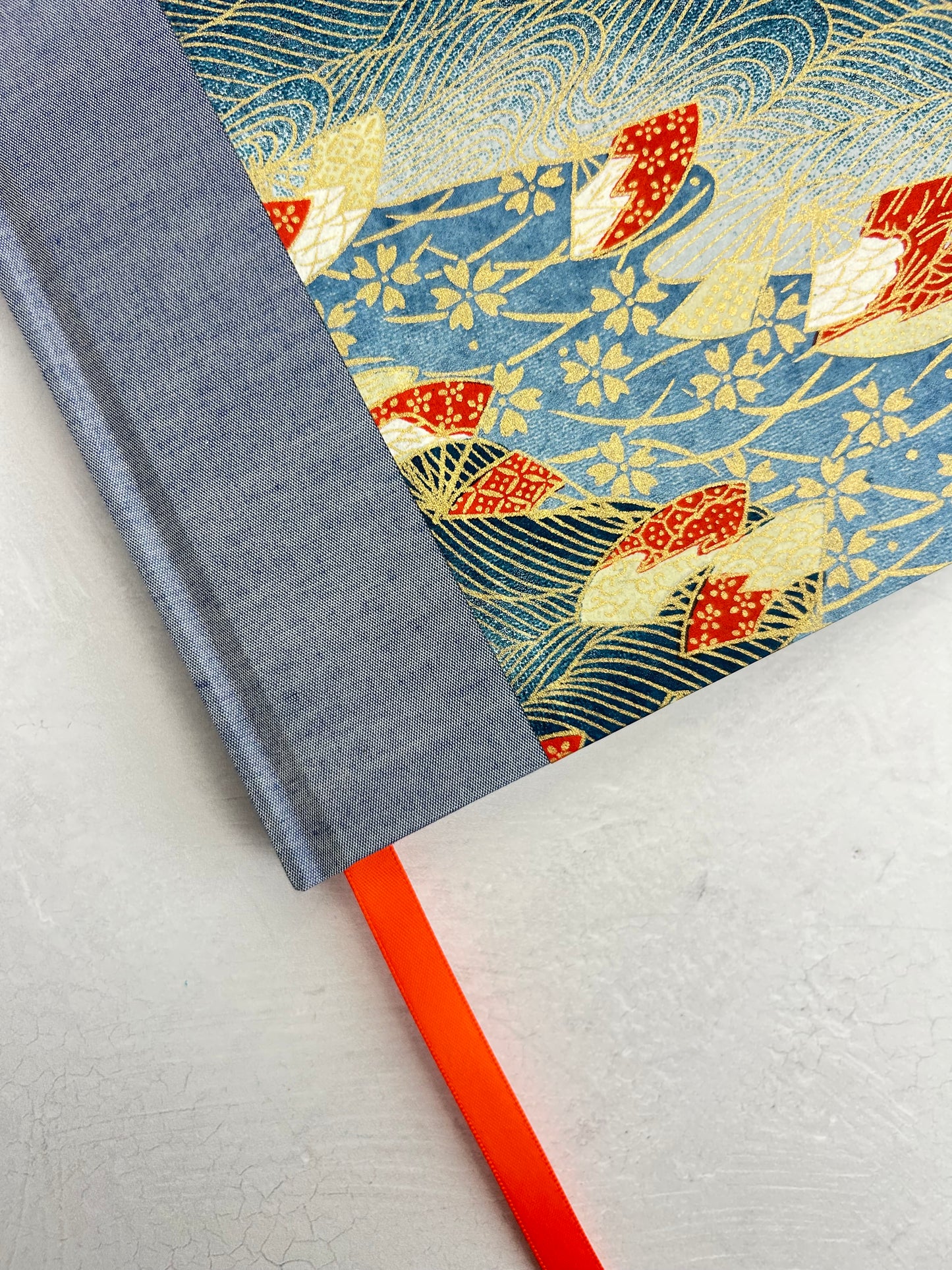 WABI-SABI B5 192-page Hardcover Journal finished in Steel Blue Japanese book cloth and vintage Chiyogami Paper