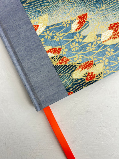 WABI-SABI B5 192-page Hardcover Journal finished in Steel Blue Japanese book cloth and vintage Chiyogami Paper