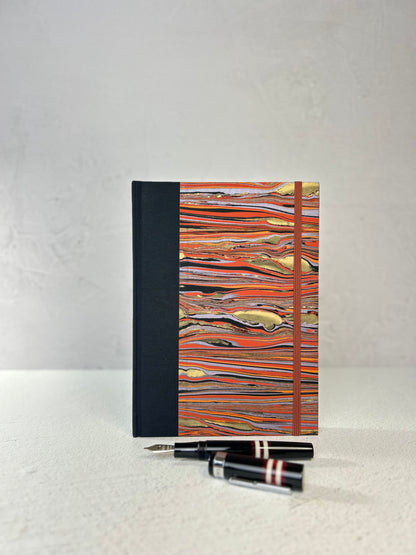 A5 Hardcover Notebook finished in Black Japanese book cloth and Renato Crepaldi hand marbled paper