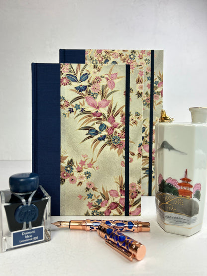 B5 192-page Hardcover Journal finished in Cadet Blue Japanese book cloth and Vintage Orchid Chiyogami Paper