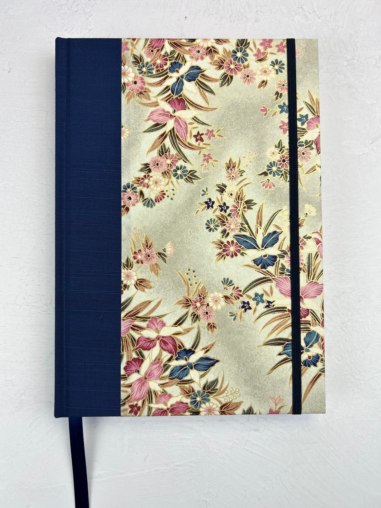 B5 192-page Hardcover Journal finished in Cadet Blue Japanese book cloth and Vintage Orchid Chiyogami Paper
