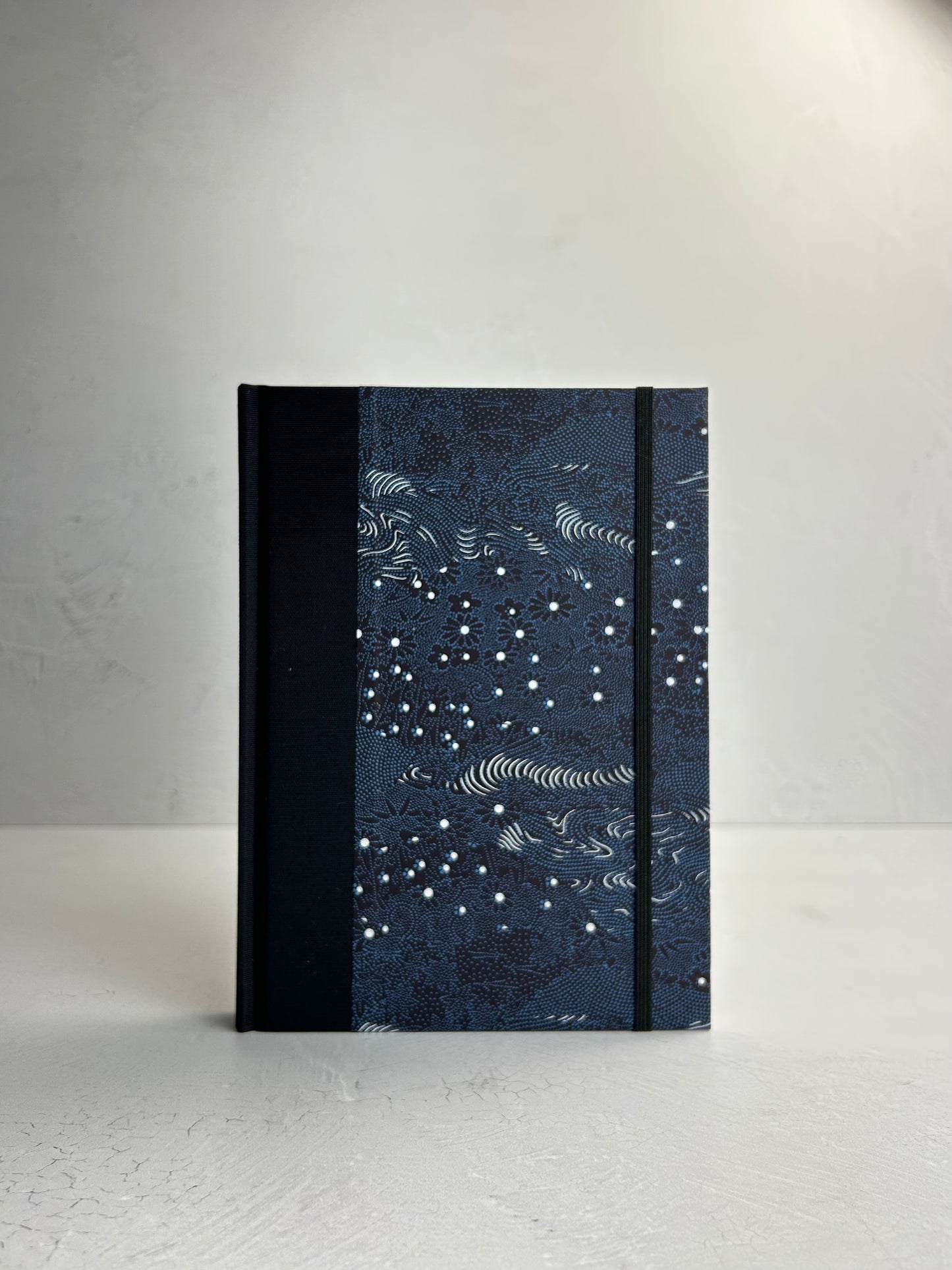 A5 160-page Hardcover Journal in finished Black Japanese book cloth and dark blue Chiyogami Paper