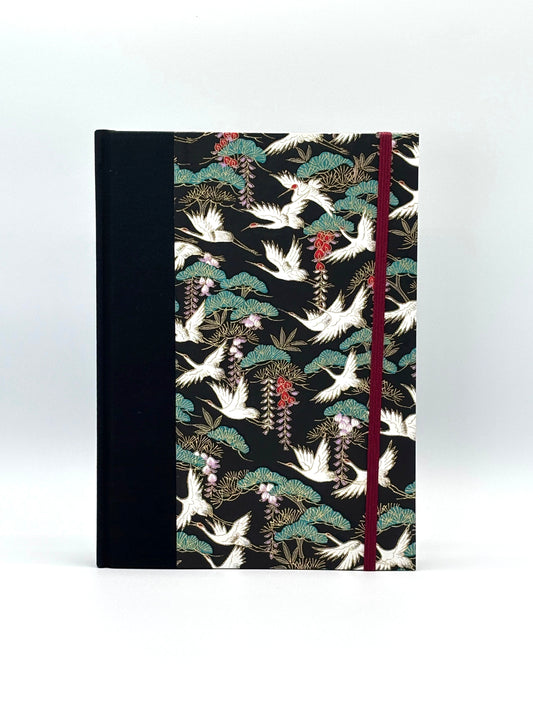 Hardcover Notebook finished in White Cranes on Black Chiyogami Paper