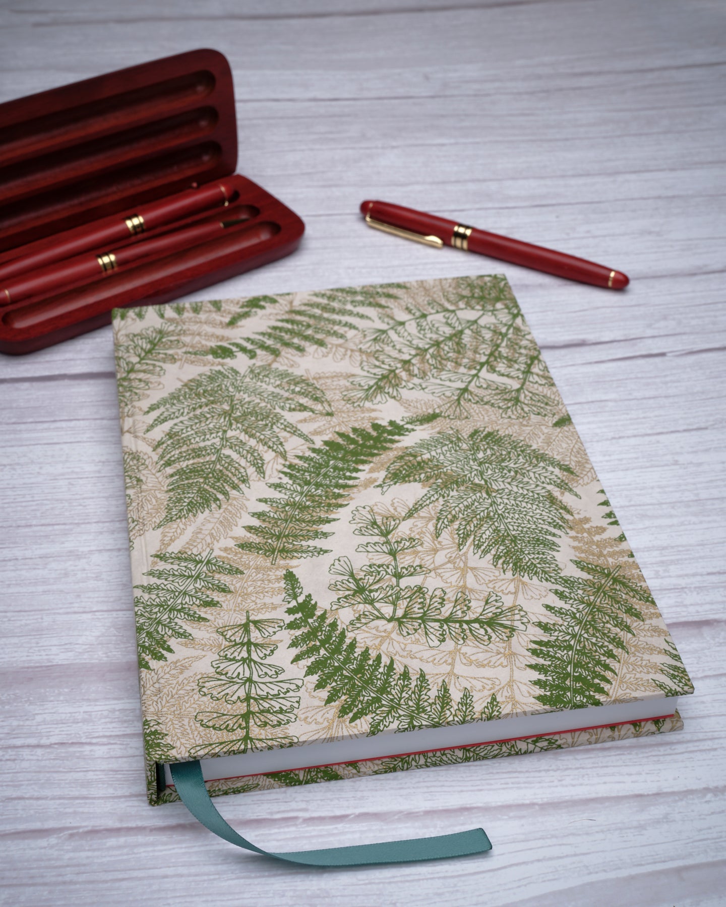 Green and Gold Fern Screenprint on Nepalese Lota Paper, Handcrafted B5 Hardcover Notebook