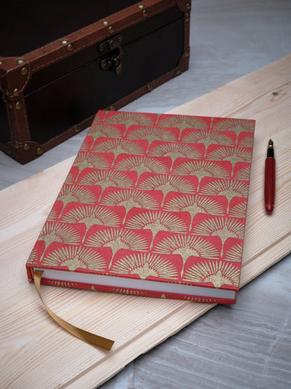 Silkscreened Gold Cranes on Red Lokta, Handcrafted B5 Hardcover Notebook