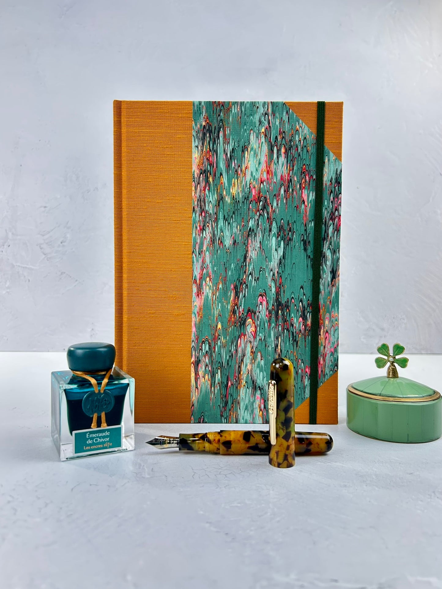 B5 192-page Hardcover Journal finished in Ochre Japanese book cloth and green French Marble Paper