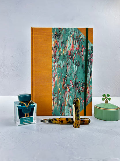 B5 192-page Hardcover Journal finished in Ochre Japanese book cloth and green French Marble Paper