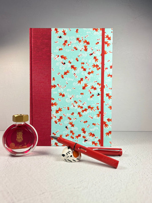 B5 Hardcover Notebook finished in Scarlet Red Japanese Bookcloth and Red/Orange Koi Fish on Aqua Chiyogami Paper