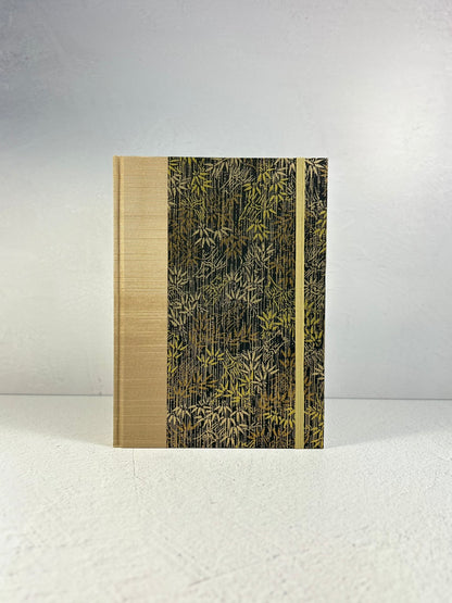 A5 Hardcover Notebook finished in soft gold Japanese Bookcloth and gold/bronze bamboo on black Chiyogami Paper