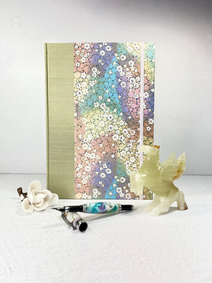 NEW B5 Hardcover Notebook finished in Celery Green Japanese Bookcloth and Rainbow Flowers Chiyogami Paper