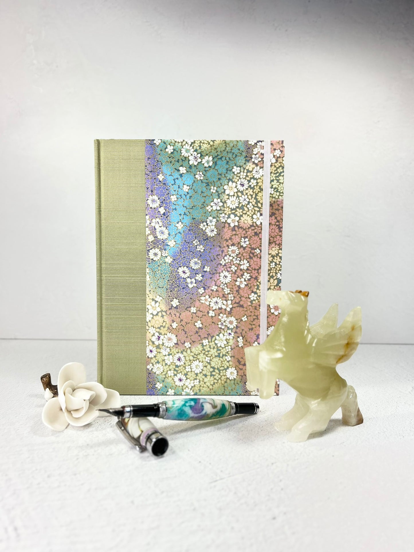 NEW A5 Hardcover Notebook finished in Celery Green Japanese Bookcloth and Rainbow Flowers Chiyogami Paper