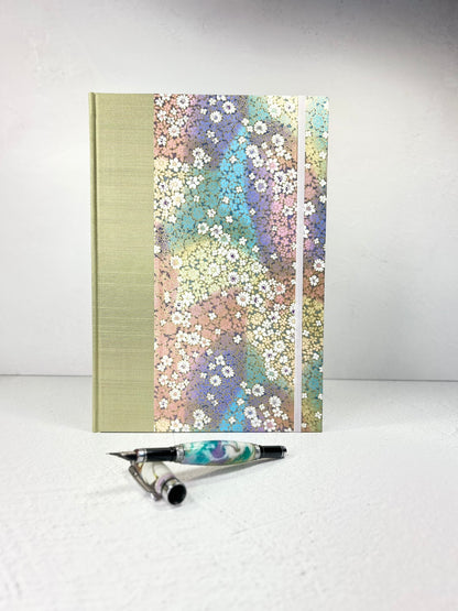 NEW B5 Hardcover Notebook finished in Celery Green Japanese Bookcloth and Rainbow Flowers Chiyogami Paper