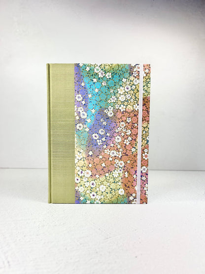 NEW A5 Hardcover Notebook finished in Celery Green Japanese Bookcloth and Rainbow Flowers Chiyogami Paper