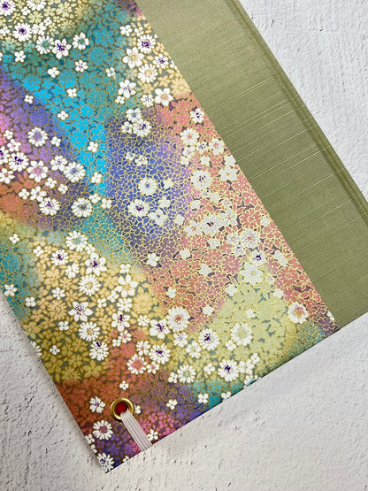 NEW A5 Hardcover Notebook finished in Celery Green Japanese Bookcloth and Rainbow Flowers Chiyogami Paper
