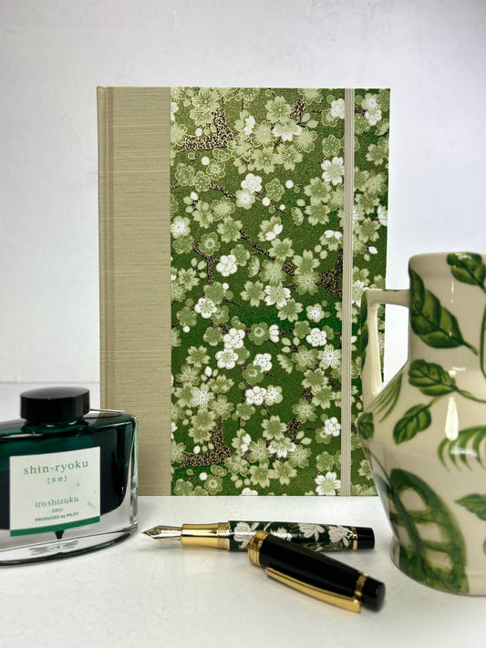 B5 192-page Hardcover Journal finished in Platinum Japanese book cloth and Cherry Blossom Chiyogami Paper