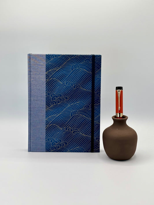 A5 Hardcover Notebook finished in Golden Waves on Blue Chiyogami Paper