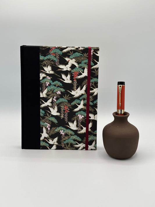 A5 Hardcover Notebook finished in White Cranes on Black Chiyogami Paper