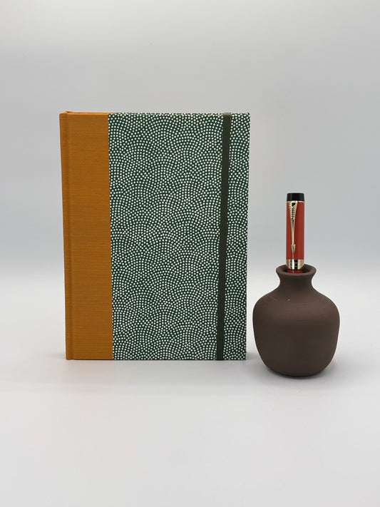 A5 Hardcover Notebook finished in White Polka Dots on Green Chiyogami Paper