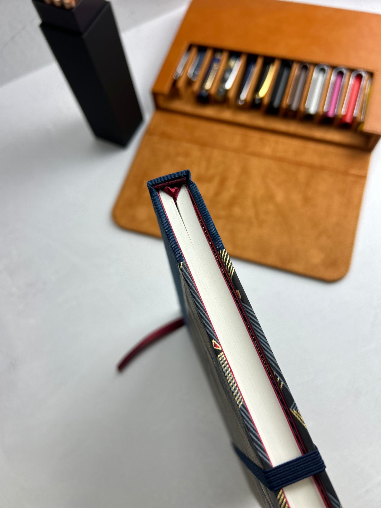 A5 160-page Hardcover Notebook in luxurious Blue Mohair Japanese Bookcloth and Golden Peaks on Blue and Black Chiyogami Japanese Paper