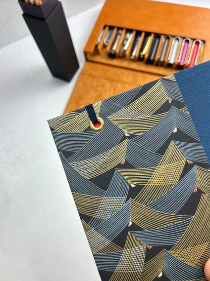 A5 160-page Hardcover Notebook in luxurious Blue Mohair Japanese Bookcloth and Golden Peaks on Blue and Black Chiyogami Japanese Paper