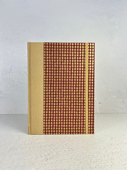 A5 160-page Hardcover Notebook finished in luxurious Soft Gold Japanese Bookcloth with Golden Dots on Wine Chiyogami Japanese Paper