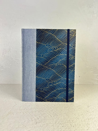 A5 160-page Hardcover Notebook finished in luxurious Blue Silver Japanese Bookcloth and Golden Waves on Blue Chiyogami Japanese Paper