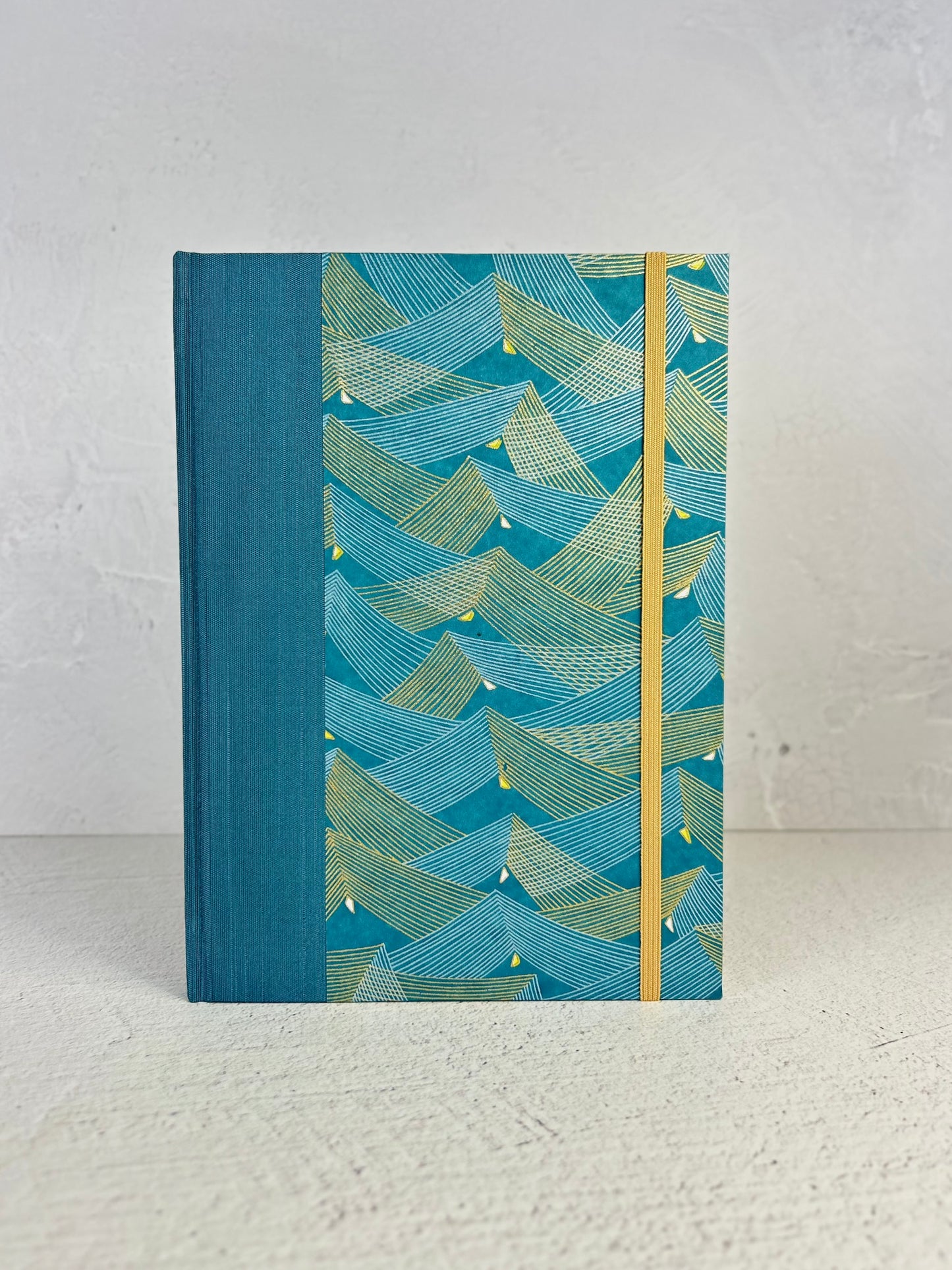 A5 160-page Hardcover Notebook finished in luxurious Marine Blue Japanese Bookcloth and Golden Waves on Chiyogami Japanese Paper