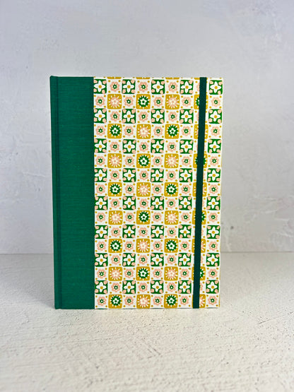 A5 160-page Hardcover Notebook finished in luxurious Green Mohair Japanese Bookcloth with Yellow Flowers Chiyogami Japanese Paper