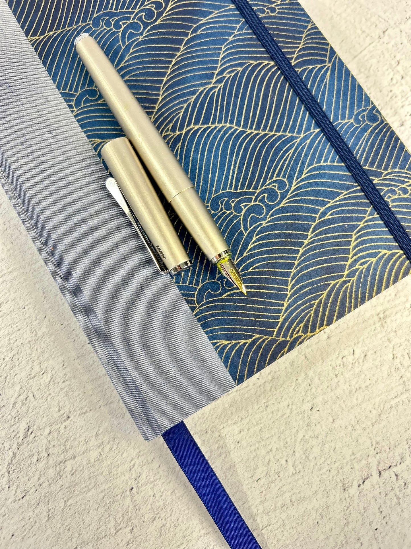 A5 160-page Hardcover Notebook finished in luxurious Blue Silver Japanese Bookcloth and Golden Waves on Blue Chiyogami Japanese Paper