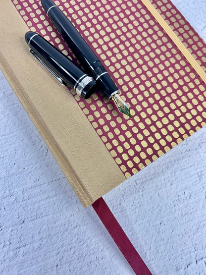 A5 160-page Hardcover Notebook finished in luxurious Soft Gold Japanese Bookcloth with Golden Dots on Wine Chiyogami Japanese Paper