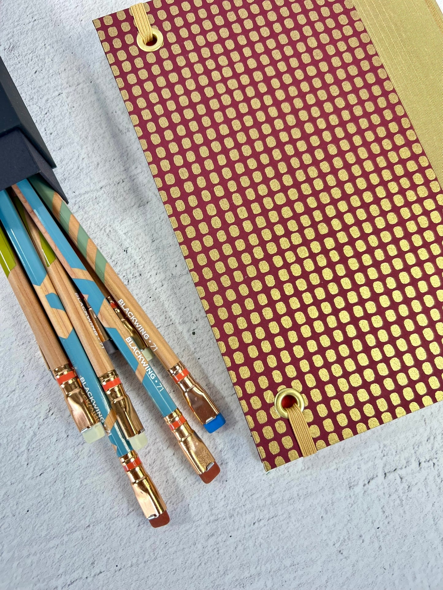 A5 160-page Hardcover Notebook finished in luxurious Soft Gold Japanese Bookcloth with Golden Dots on Wine Chiyogami Japanese Paper