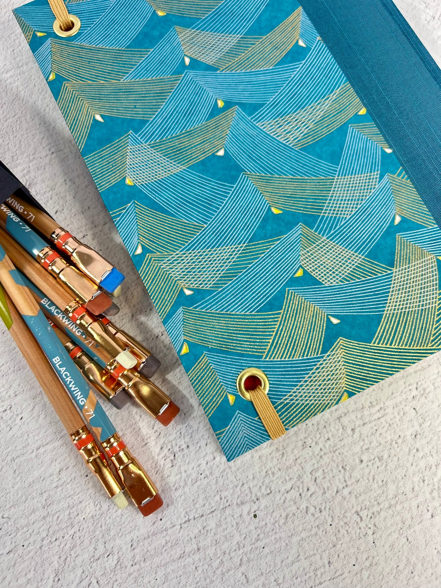 A5 160-page Hardcover Notebook finished in luxurious Marine Blue Japanese Bookcloth and Golden Waves on Chiyogami Japanese Paper