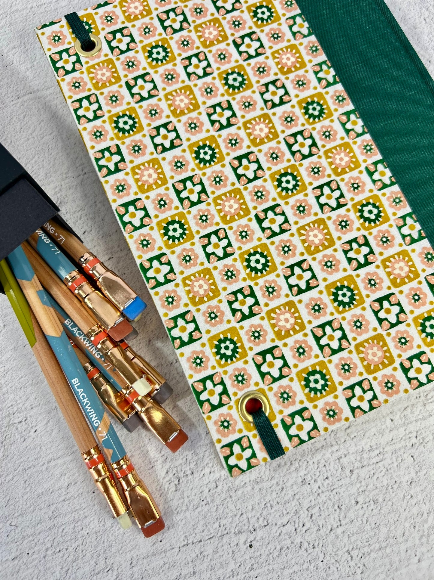 A5 160-page Hardcover Notebook finished in luxurious Green Mohair Japanese Bookcloth with Yellow Flowers Chiyogami Japanese Paper