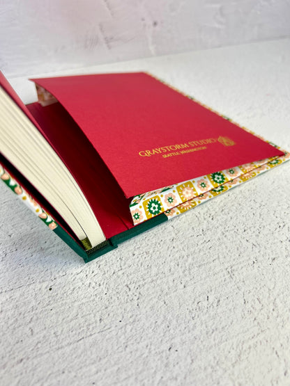 A5 160-page Hardcover Notebook finished in luxurious Green Mohair Japanese Bookcloth with Yellow Flowers Chiyogami Japanese Paper